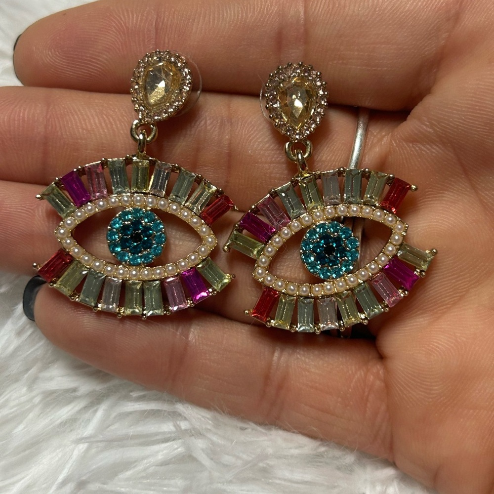 Statement Evil Eye Drop Earrings – Multicolor Crystal Glam